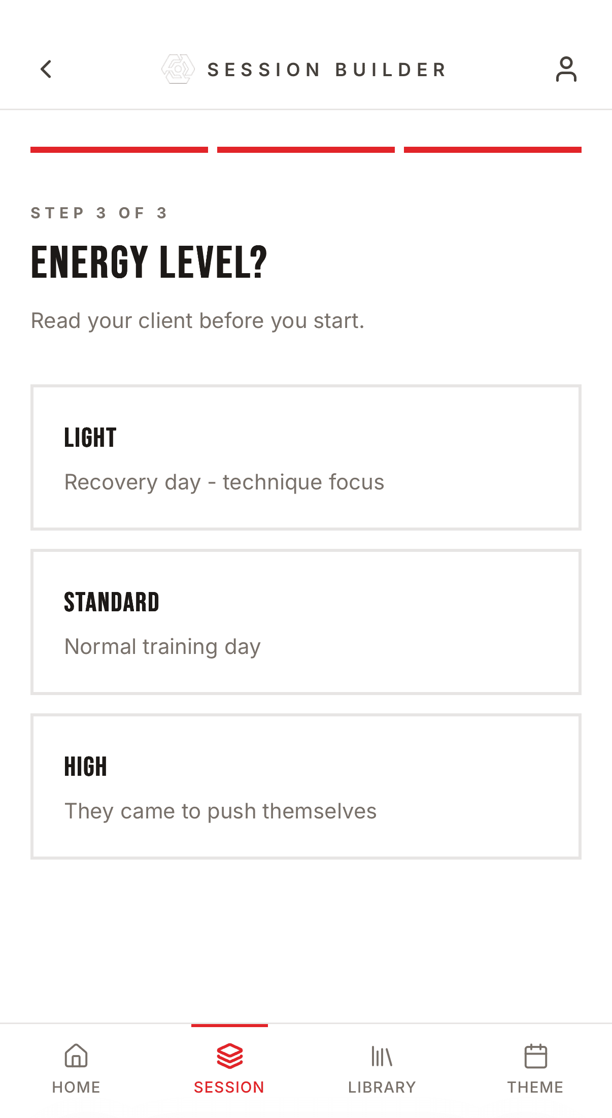 Session Builder screen